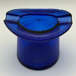 Vintage Cobalt Blue Textured Glass Top Hat Ashtray - 1950s